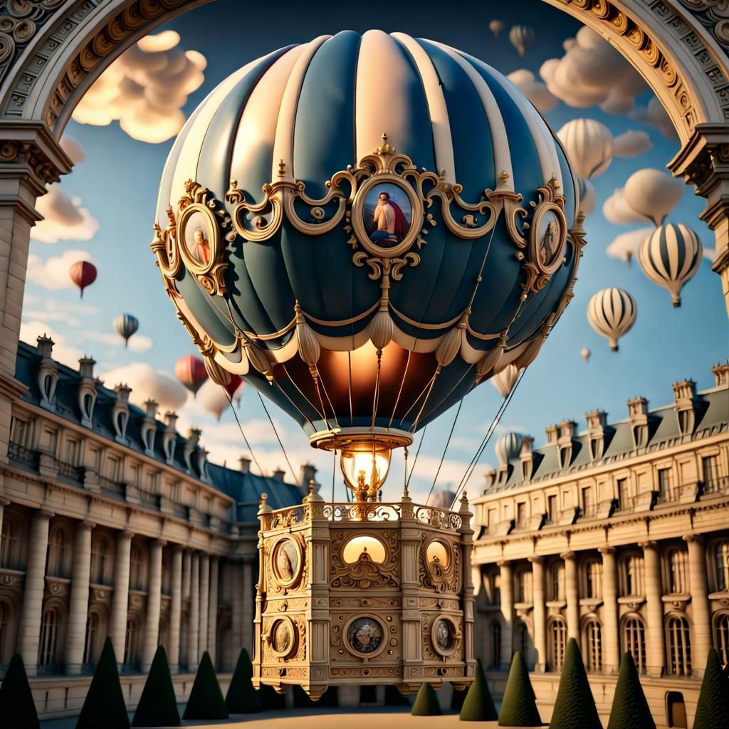 Hot Air Balloon Over Versailles: Detailed Digital Art