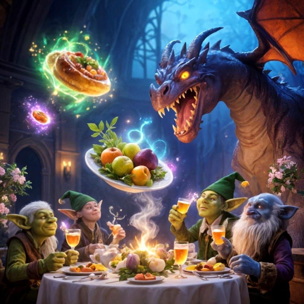 Magical Feast Hall with Mythical Creatures and Glowing Food
