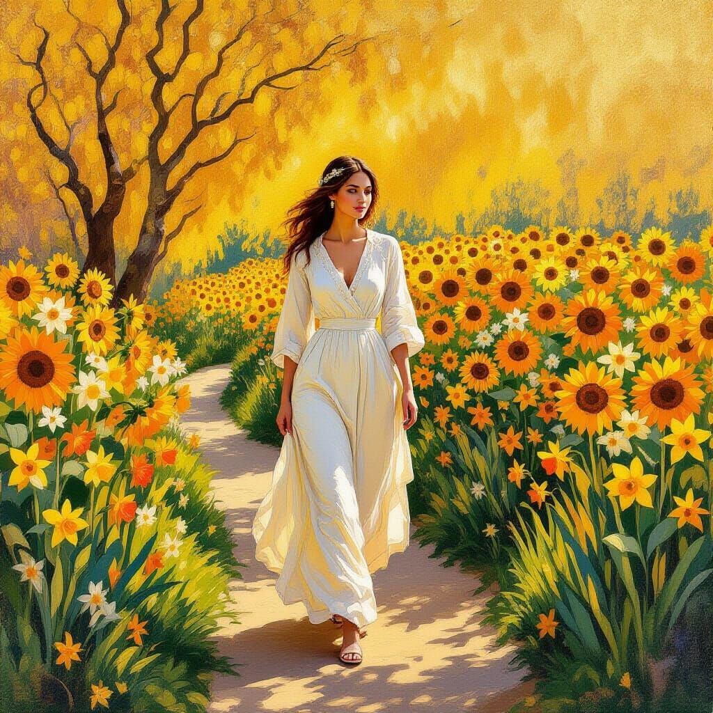 Golden Garden Stroll in Impressionist Style
