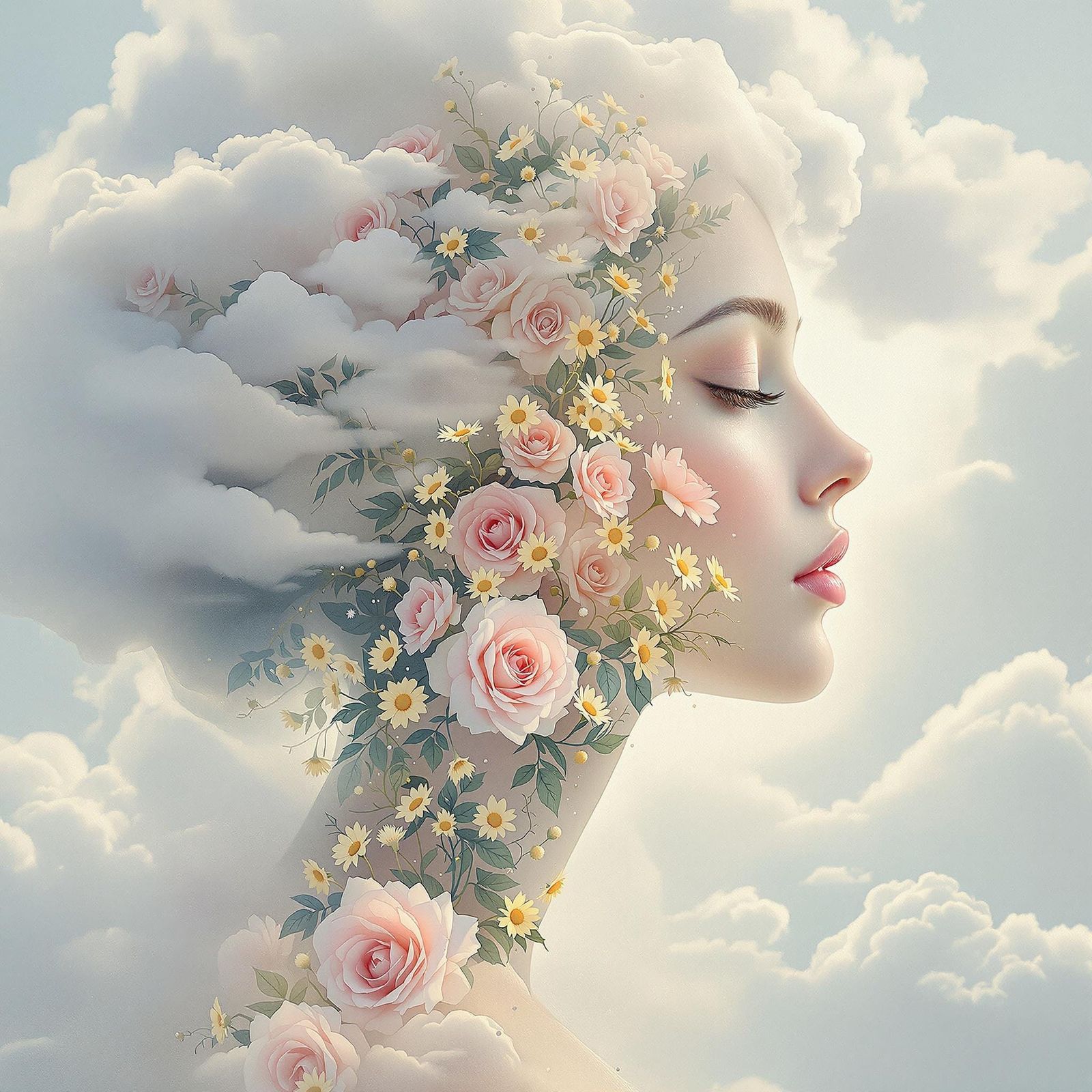 Ethereal Portrait of a Woman in Whimsical Floral Scene