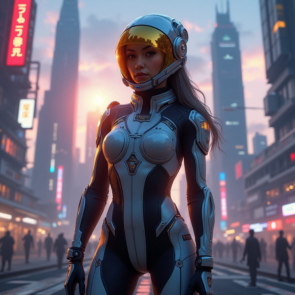Confident Futuristic Heroine Illuminates Dystopian Cityscape