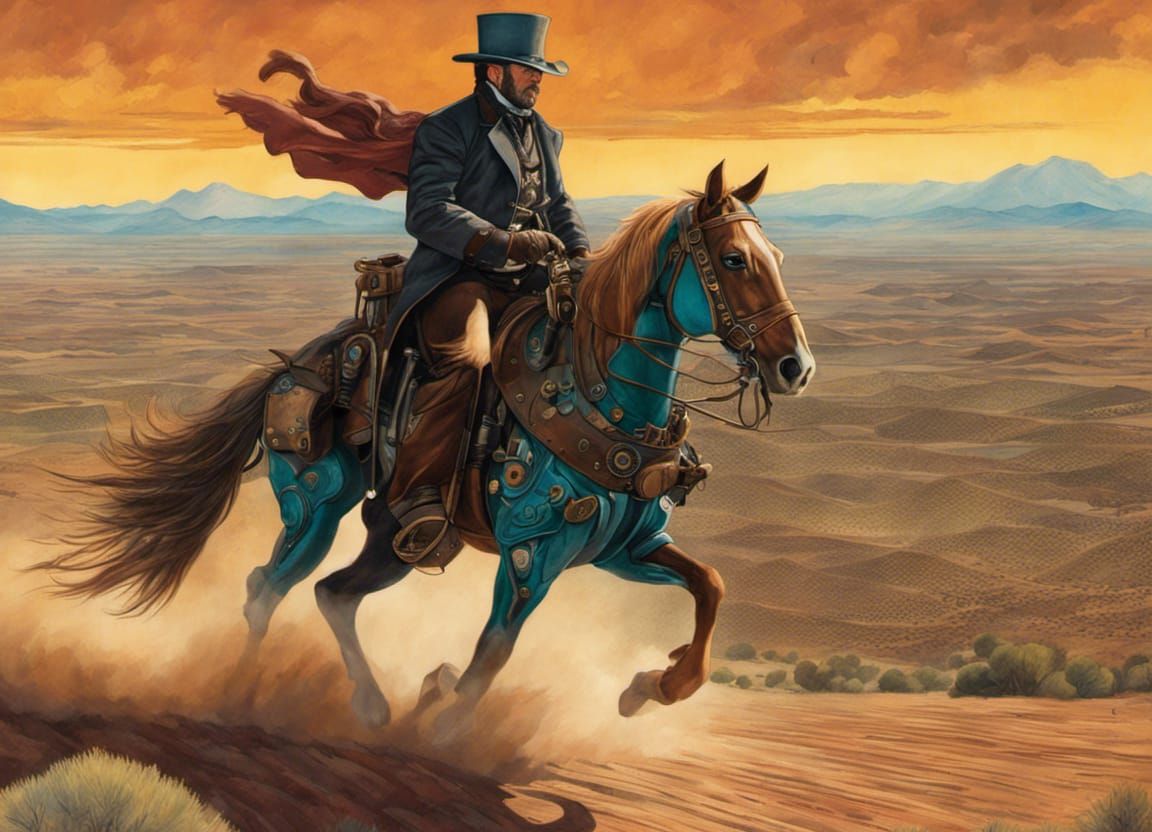 Steampunk Cowboy Rides Through Desert Landscape