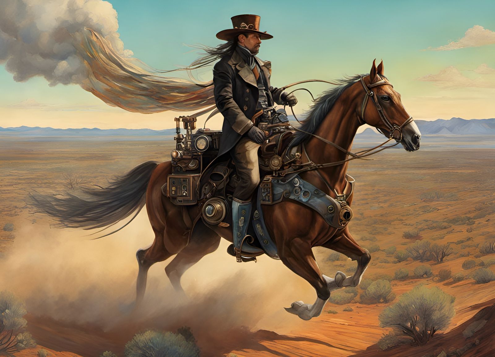 Steampunk Cowboy Chasing Mecha in High Desert