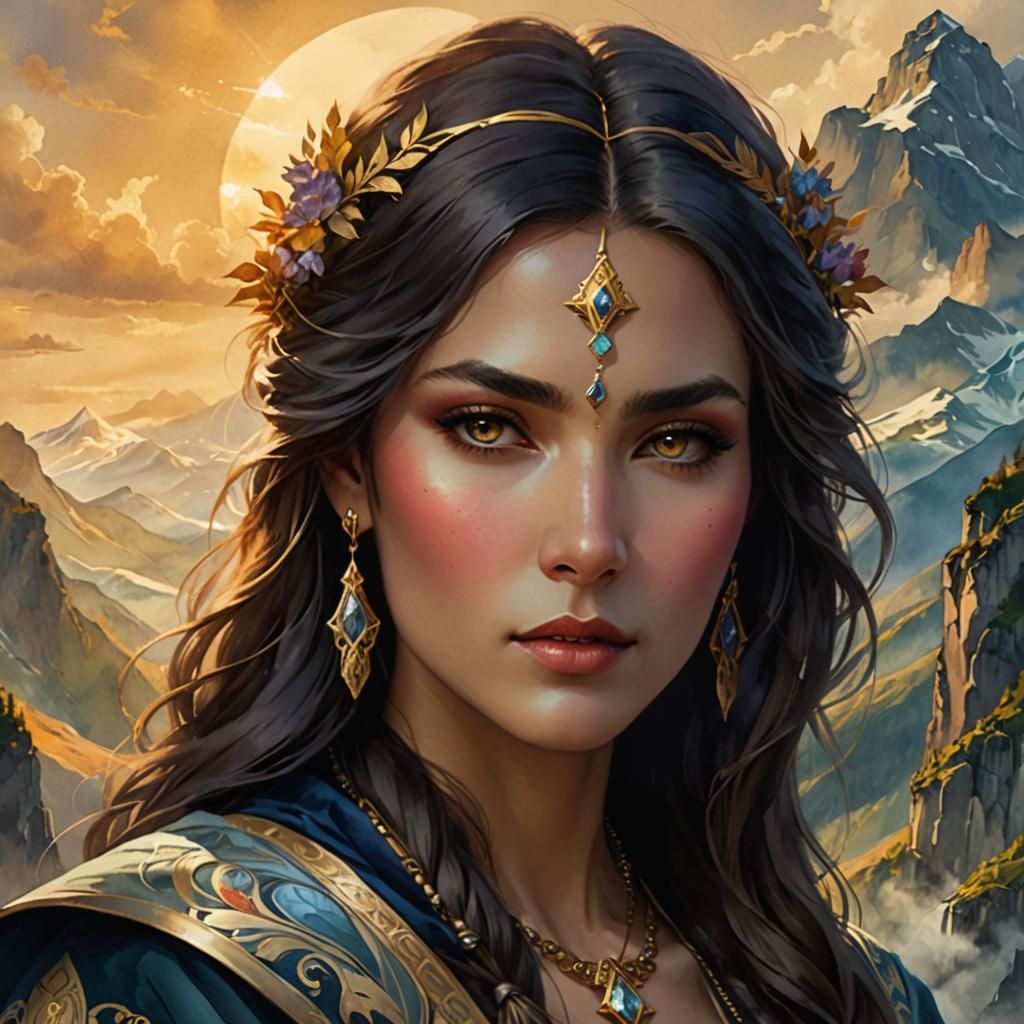 Mountain Priestess Portrait in Art Nouveau Style