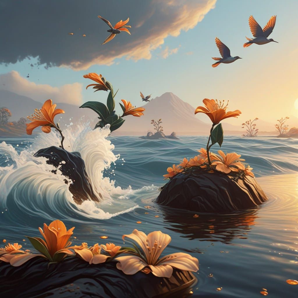 African Art Style River Watering Orange Blossoms