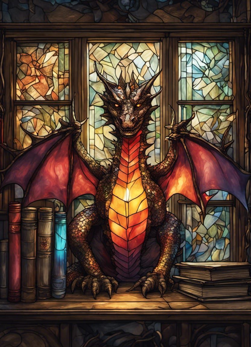 Stained Glass Dragon Trophy on Bookshelf in Dark Fantasy Sty...