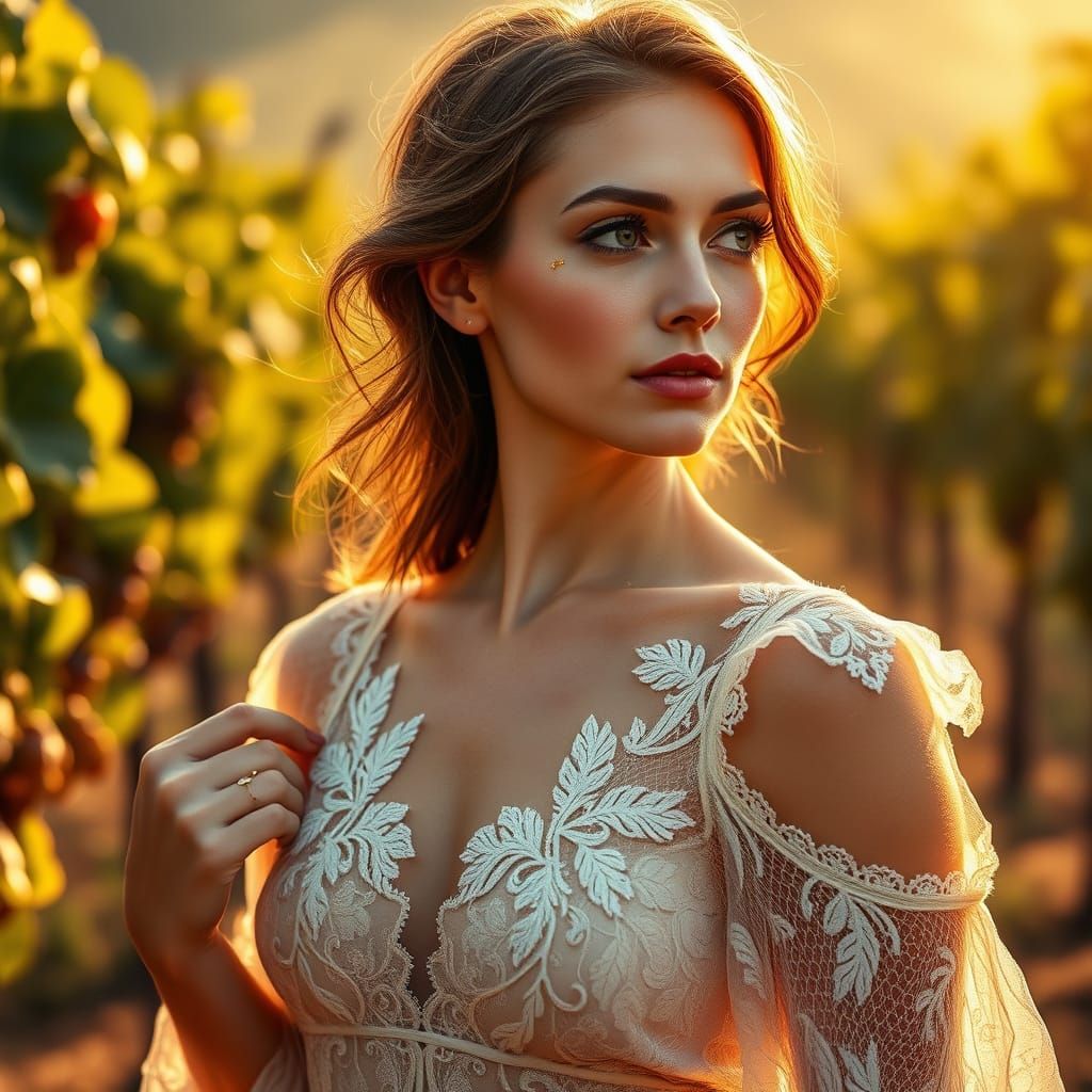 a beautiful woman standing in a sun-drenched vineyard