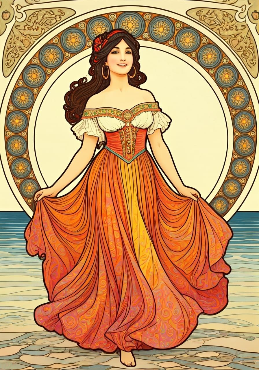 Elegant Gypsy Woman on Shore in Art Nouveau Style