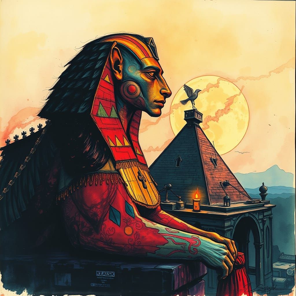 Surreal Sphinx in Dystopian Tavern