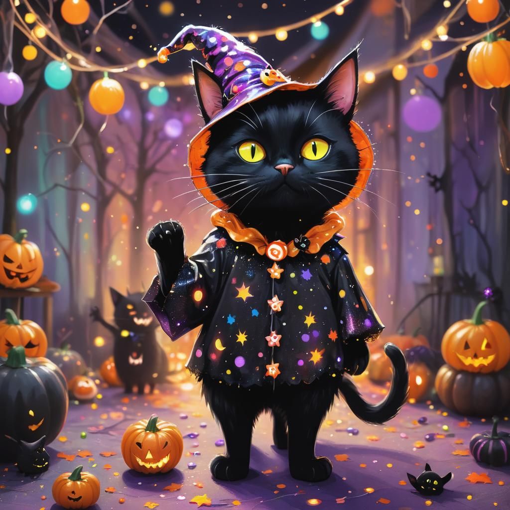 Whimsical Halloween Cat in Murakami-Inspired Digital Paintin...
