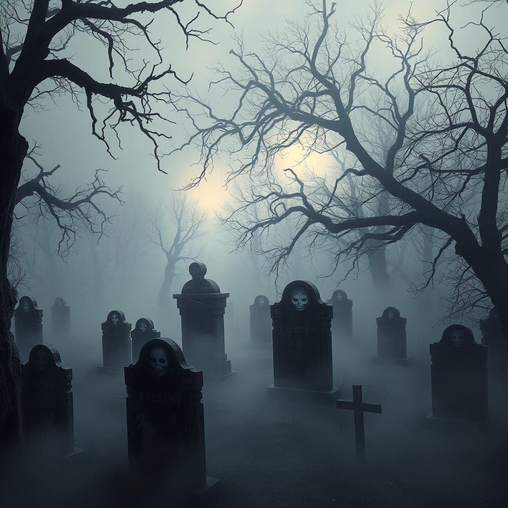 Ethereal Spirits Rise from Ancient Tombstones in a Misty, Ab...