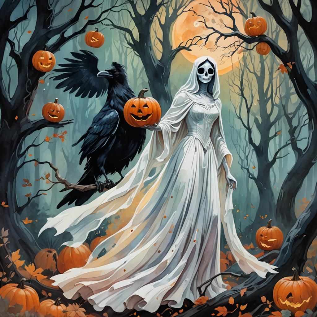 Whimsical Ghost with Raven and Pumpkin, Gouache Illustration