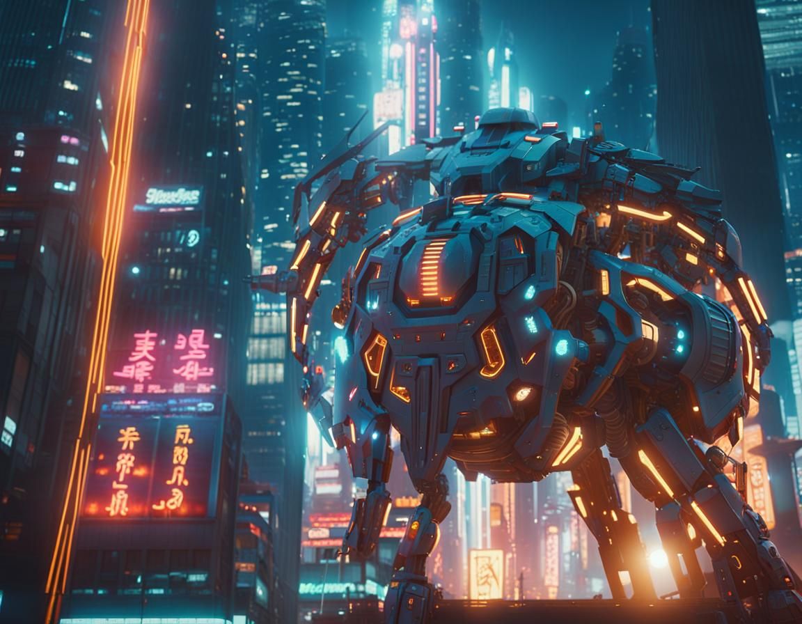 Futuristic Mech in Cyberpunk Cityscape