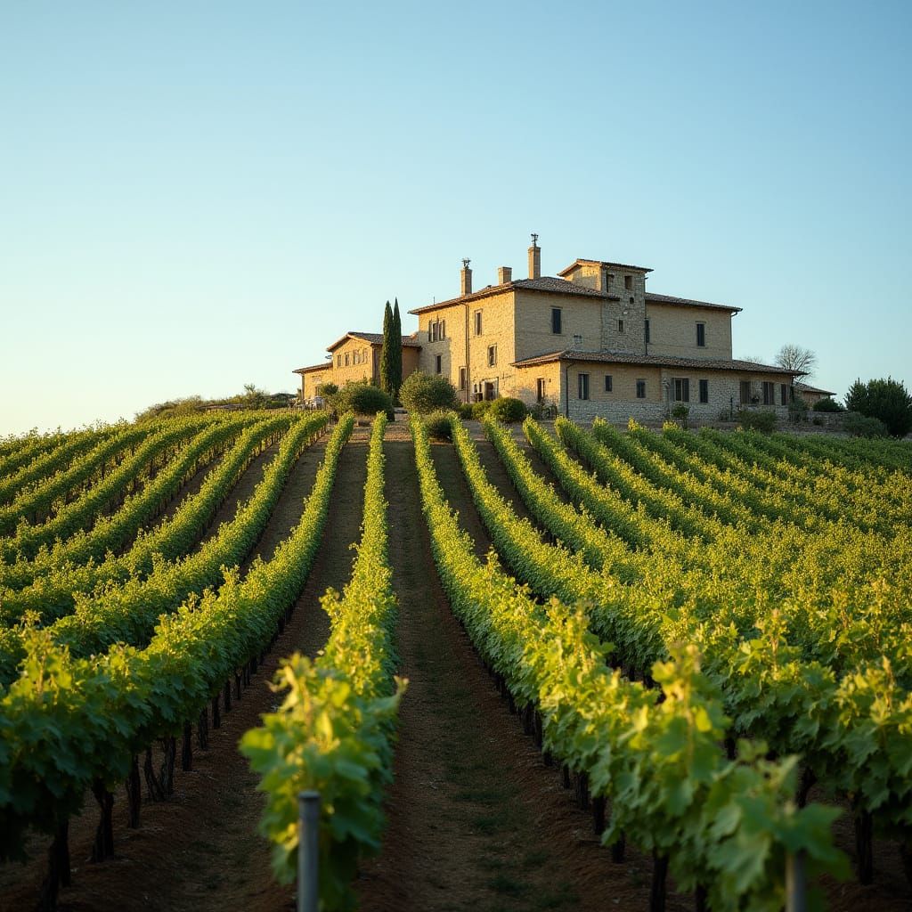 Tuscan Vineyard Serenity: Stone Farmhouse Amidst Golden Ligh...