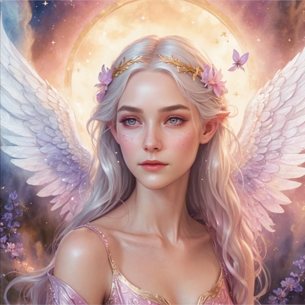 Elven Woman with Angel Wings in Dawn Light