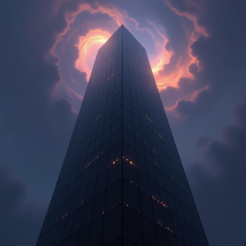 Monolithic Obsidian Skyscraper in Nebula Sky
