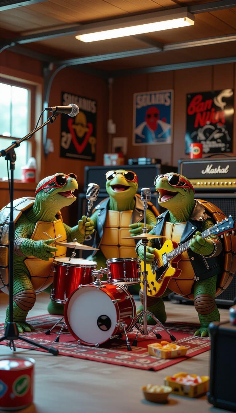Turtle Rock Band Rocks a Garage in Photorealistic Style