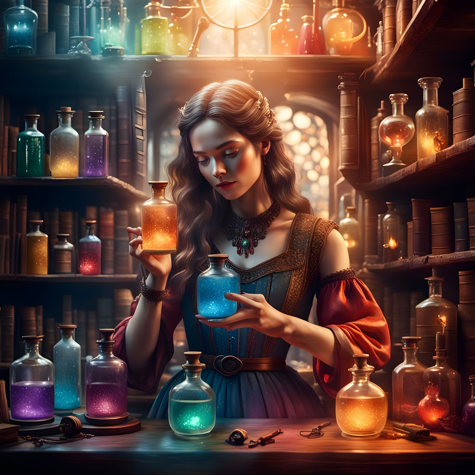 Woman Sorting Potions in Alchemy Shop