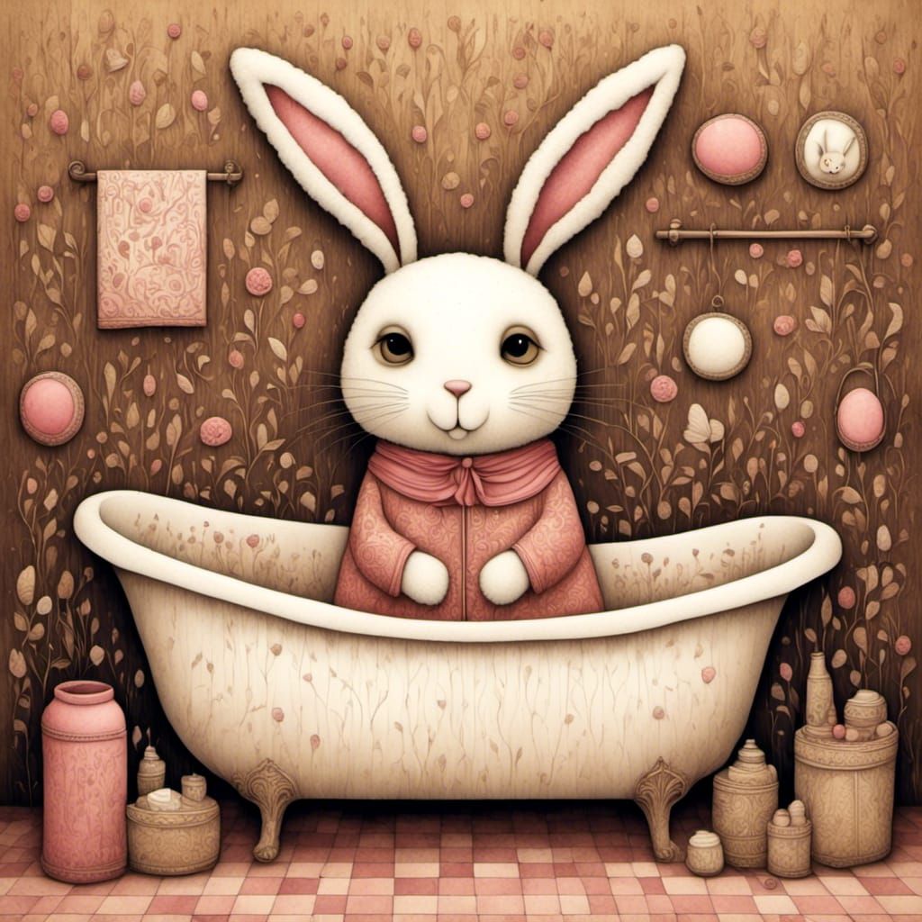 Cute Felt Rabbit Ready for Bath Time