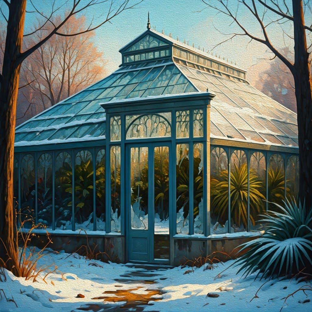 Abandoned Conservatory Transformed by Winter: An Oil Masterw...
