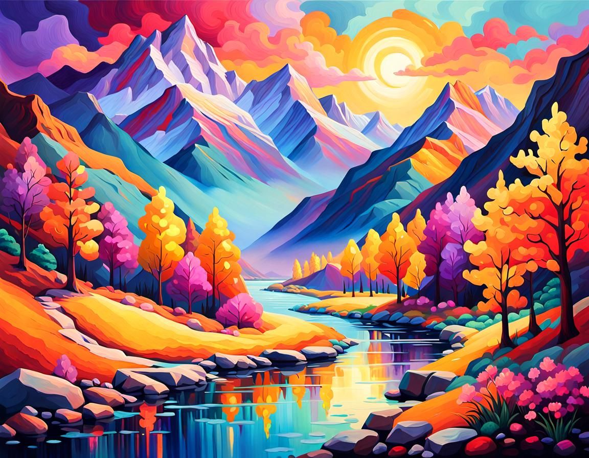 Vibrant Fauvist Mountainscape with Iridescent Colors