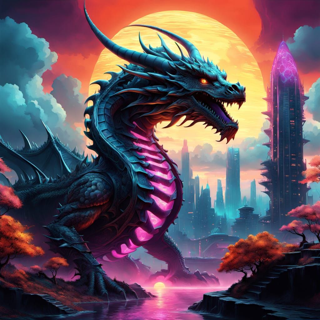 Biomechanical Dragon Coiled Around Levitating City