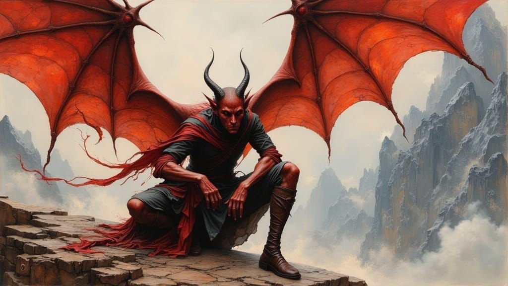 Red-Skinned Tiefling Warrior in Oil Painting Style