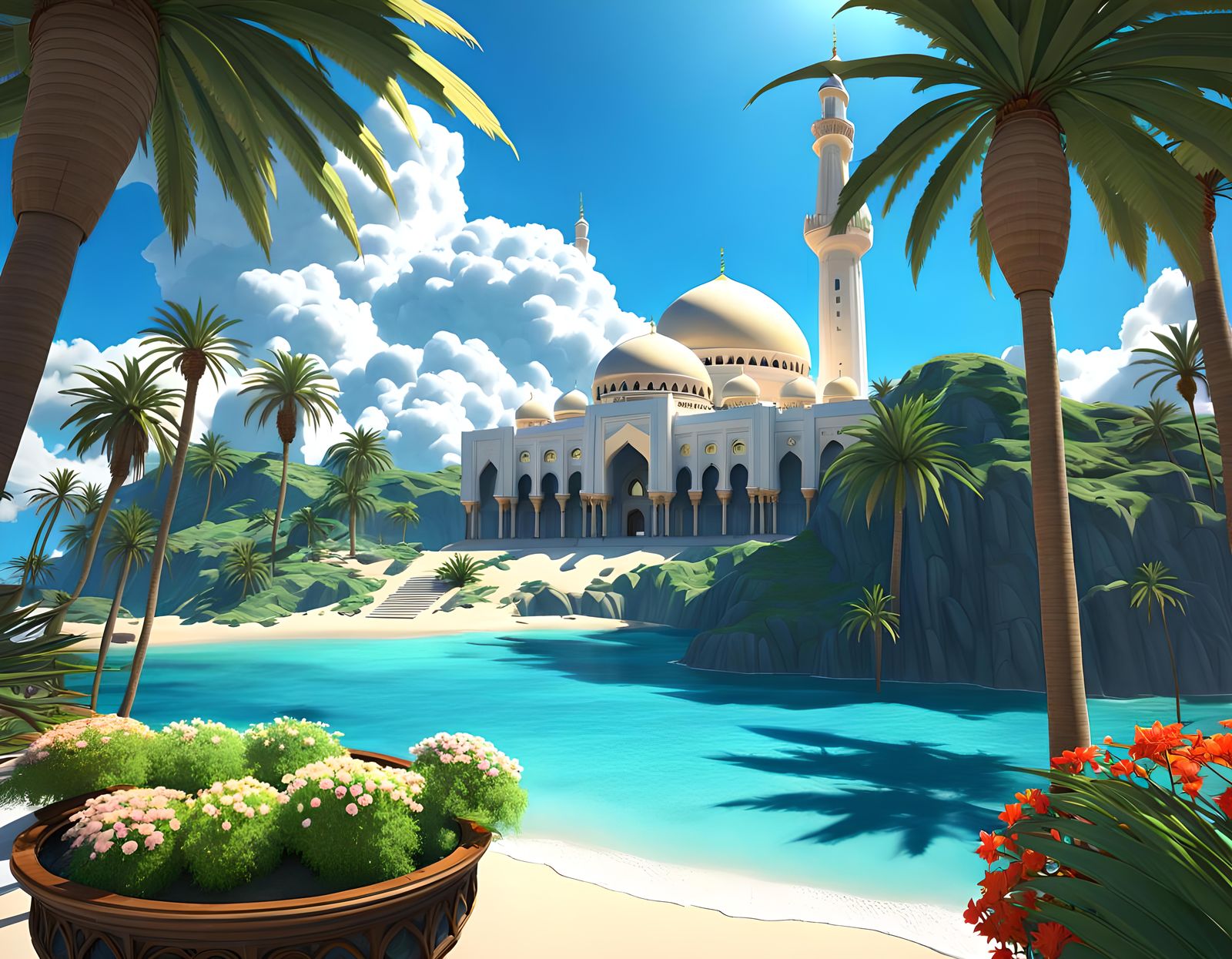 Anime Mosque on Beach with Blue Sky