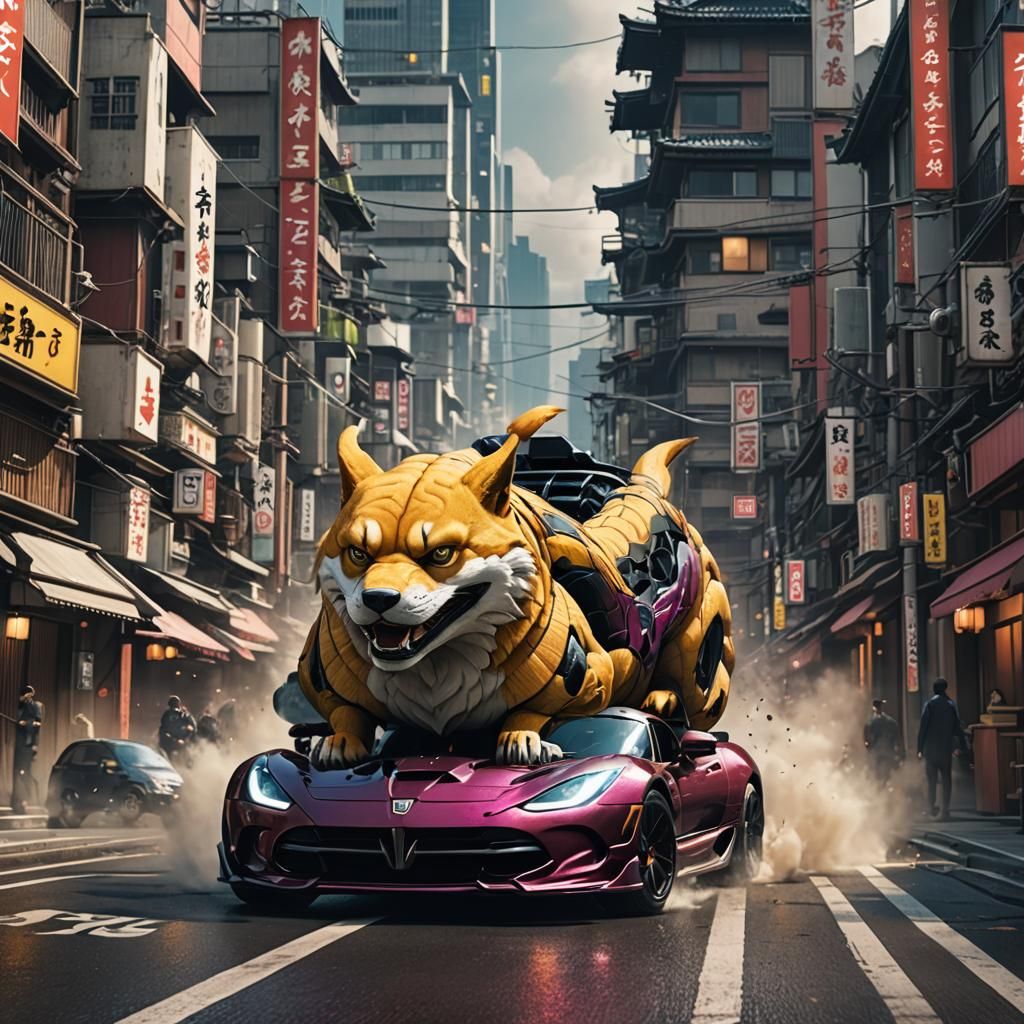 Doge Drives Viper in Japanese Cityscape