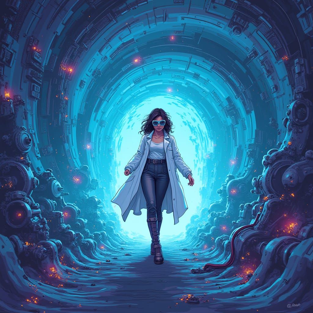 Sleek Engineer Stepping into a Futuristic Vortex in Cyberpun...