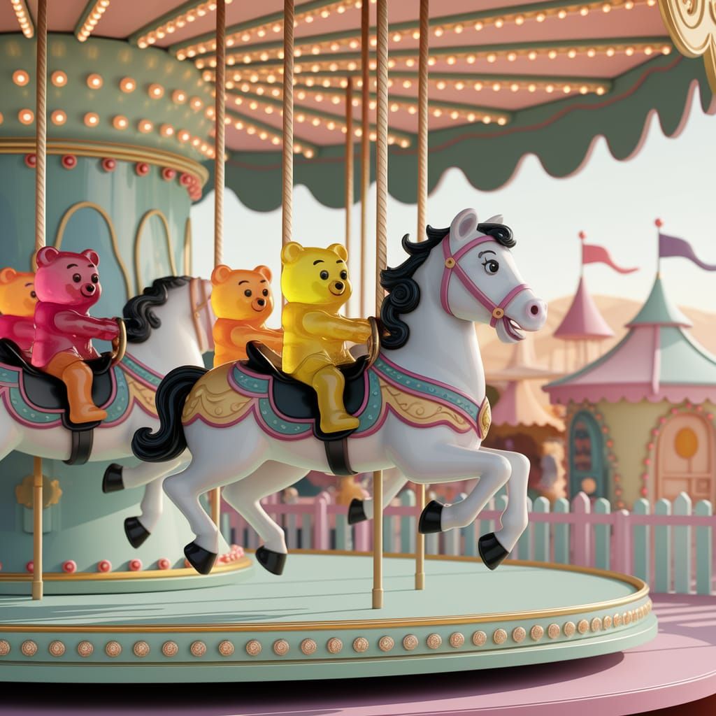Gummy Bears on Carousel Horse in Pastel Amusement Park