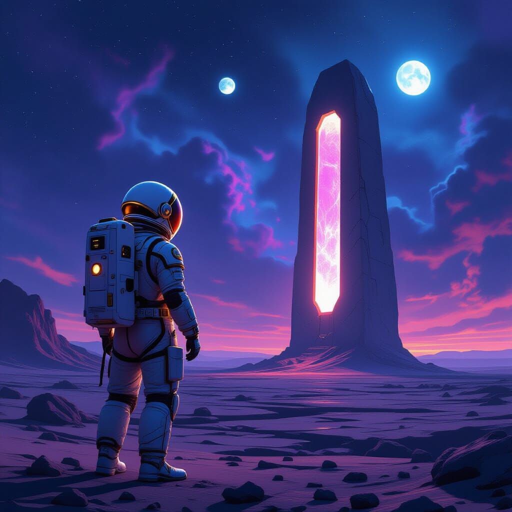 Astronaut Gazes at Glowing Monolith on Alien Planet