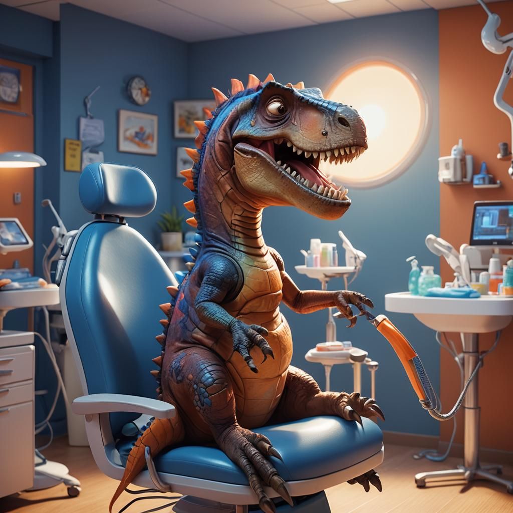 Cartoon Dinosaur Visits Dentist: Pixar-Style 3D Art