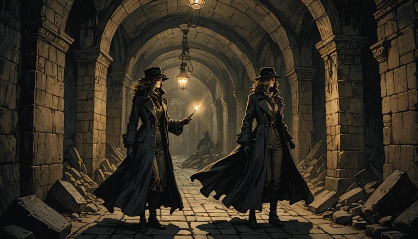 Detective Confrontation in Arthur Rackham Style Illustration