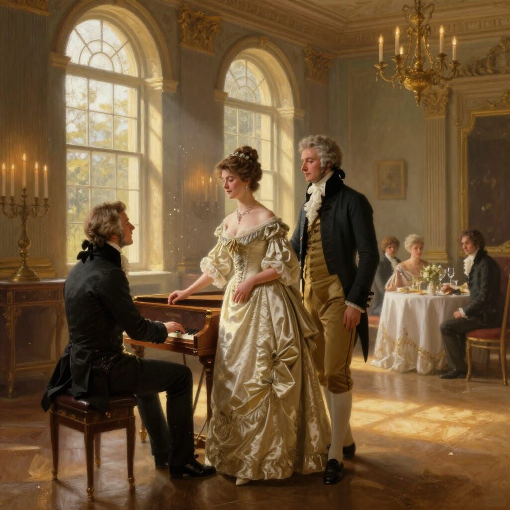 Regency Sonata: Woman Serenades Gentleman in Grand Ballroom