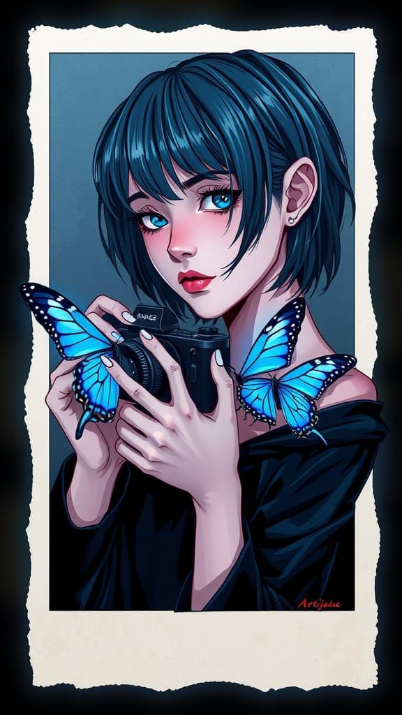 Hipster Girl with Blue Hair and Neon Butterfly