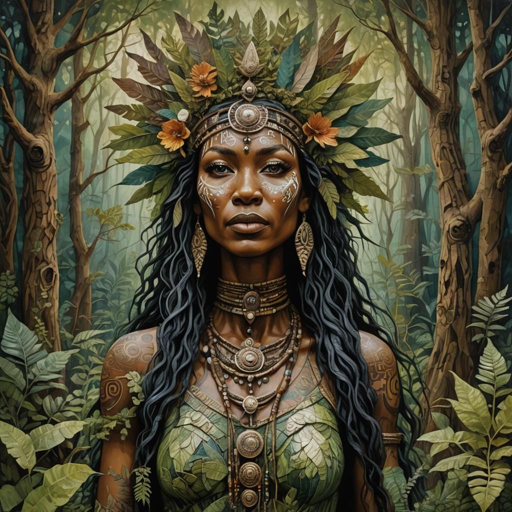 Tribal Priestess Forest Ritual in Surreal Impasto Style