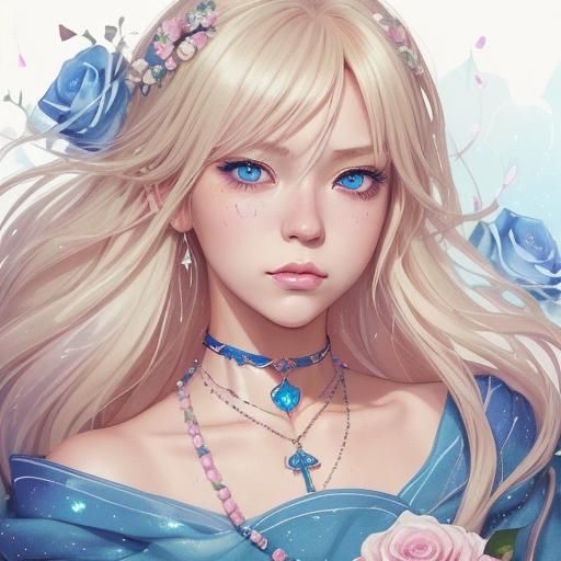 Sad Woman Portrait with Roses in Anime Style