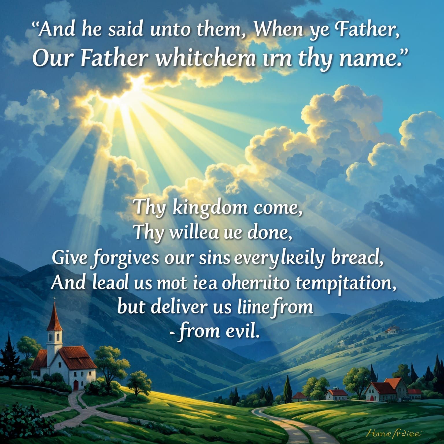 The Lord's Prayer in a Thomas Kinkade Style