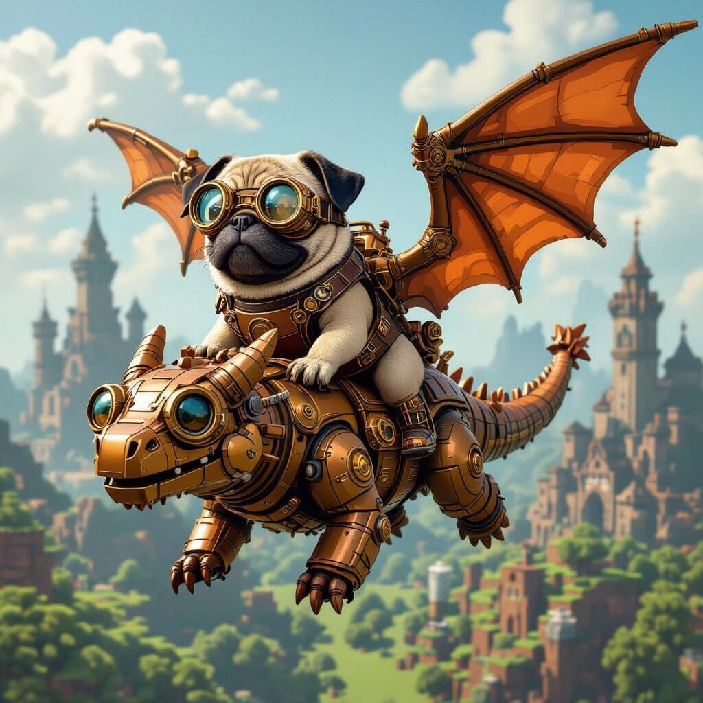 Steampunk Pug and Dragon in Minecraft World