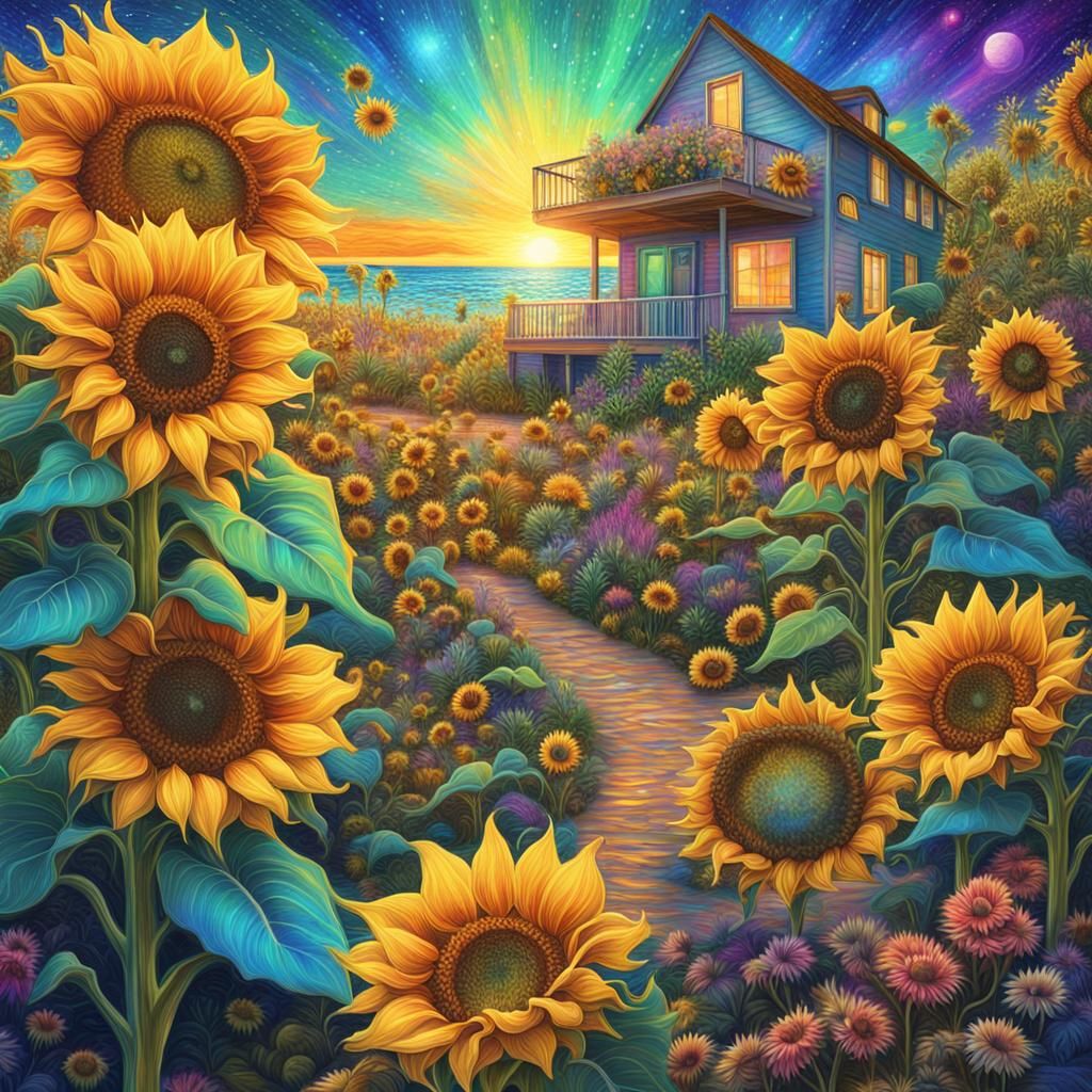Sunflowers in Beach Cottage Garden: Cosmic Illustration