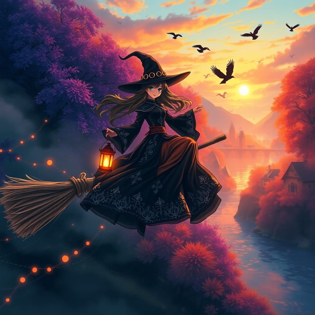 Mystical Witch Rides Broomstick into Dark Forest