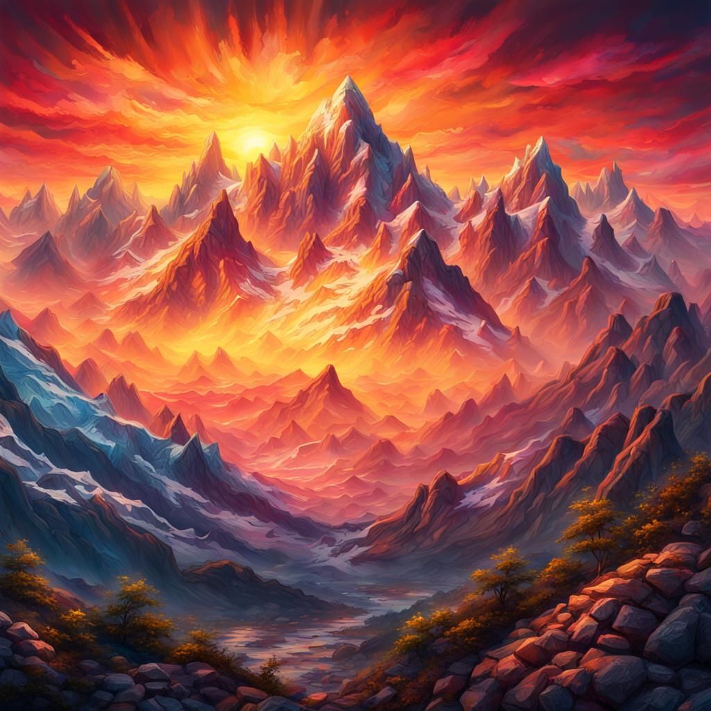 Sunrise Mountain Range in Graffiti Art Style