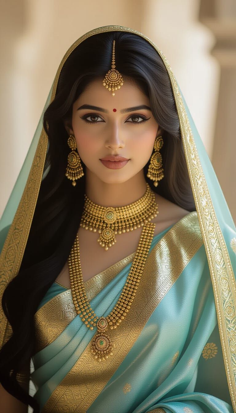 Indian Beauty in Gold Banarasee Saree, Cinematic Film Still