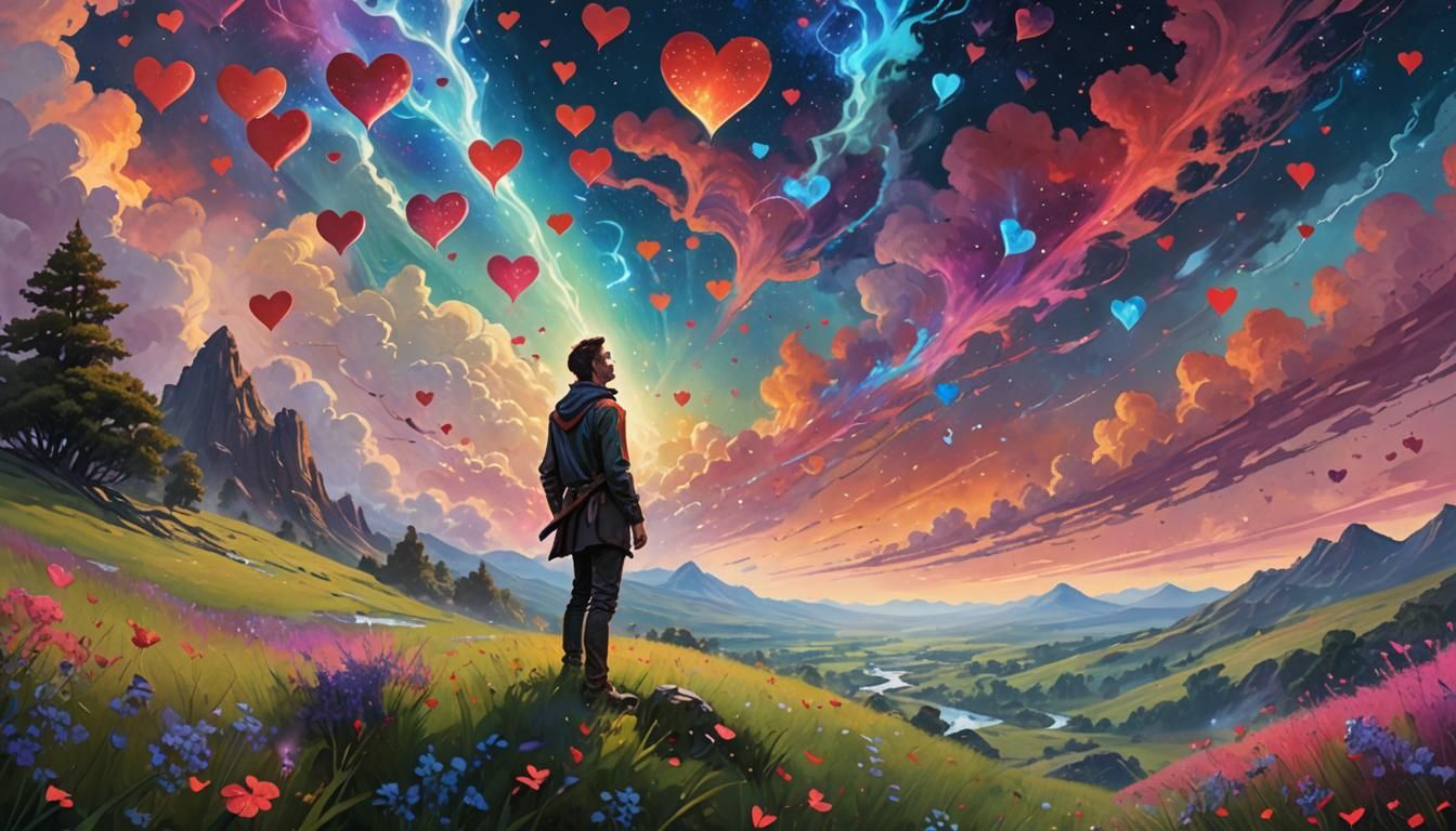 Surreal Man in Field of Hearts, Fantasy Art