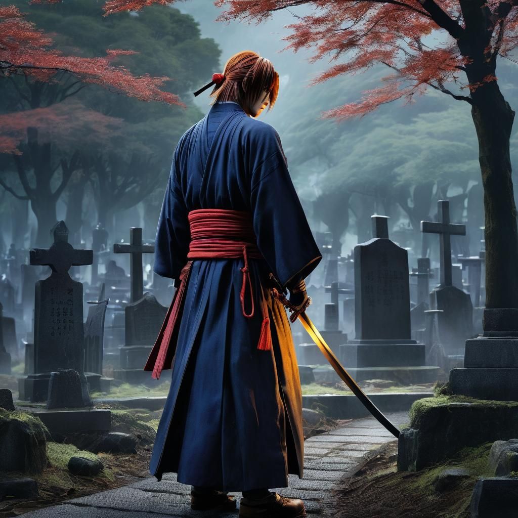 Kenshin Himura in Misty Graveyard Illustration