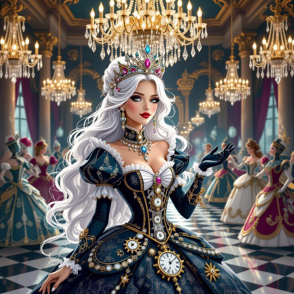 Queen Of Diamonds With Gemstone Hair Presides Over Ballroom