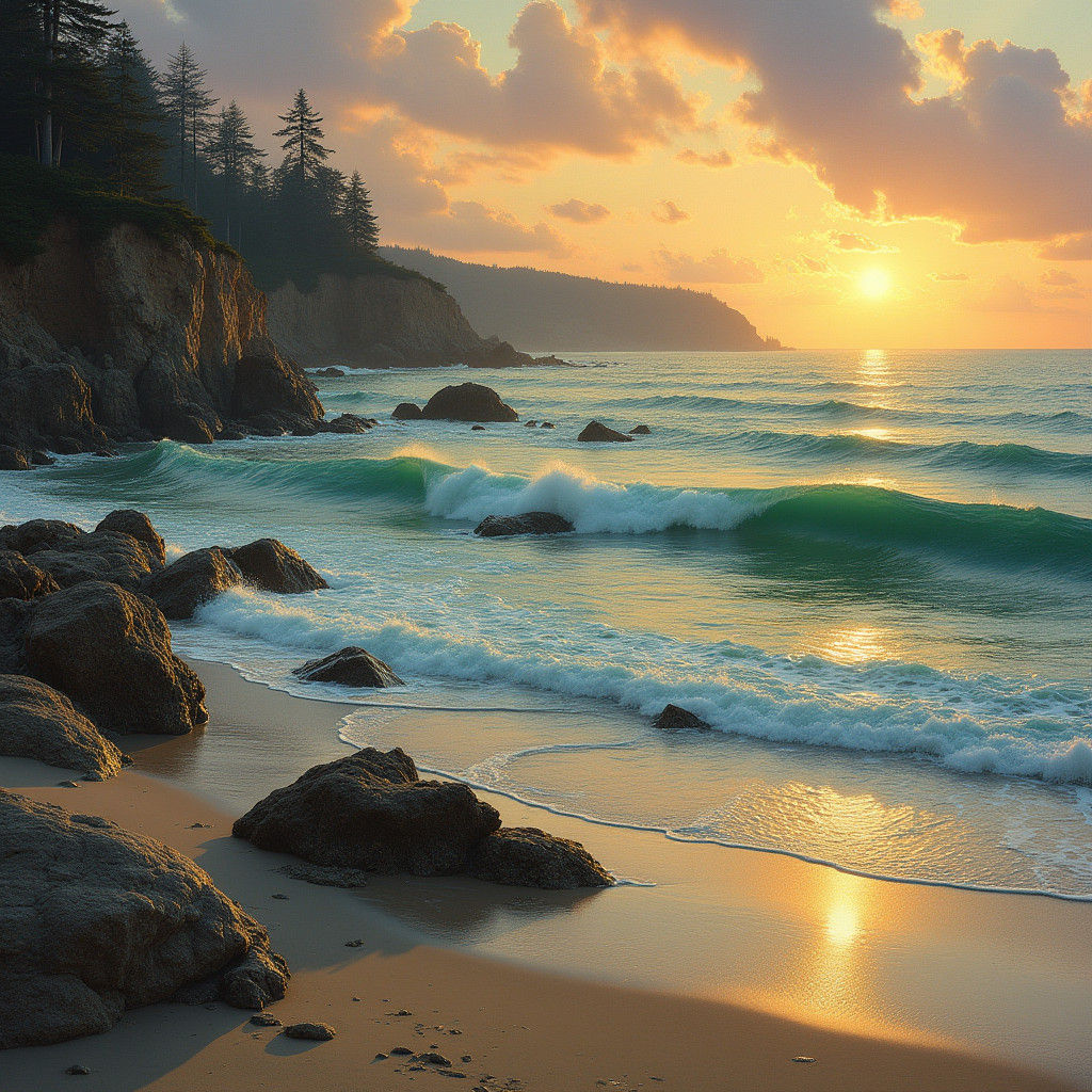 Coastal Sunset Landscape in Romantic Style