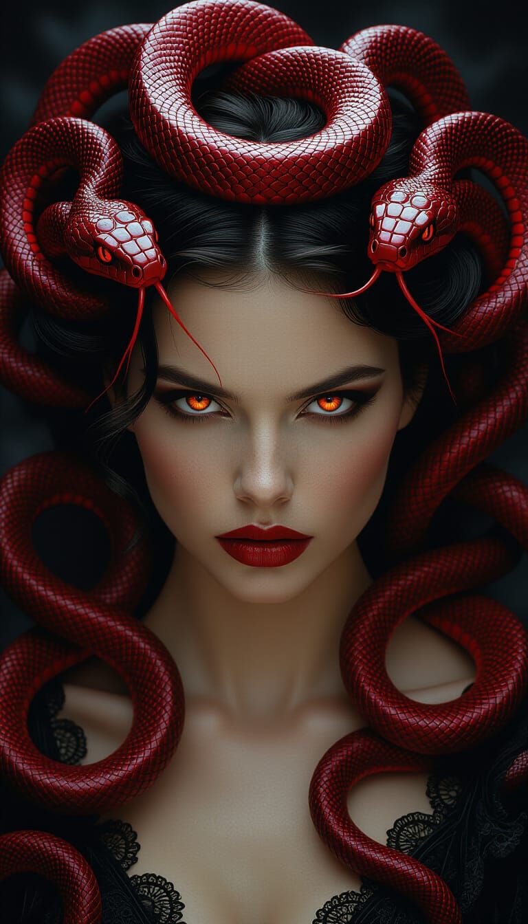 Medusa Portrait With Fiery Eyes and Serpent Crown