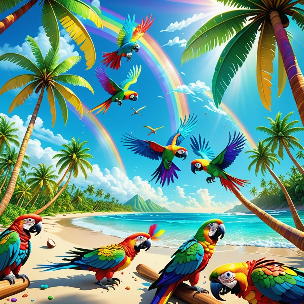 Tropical Beach Paradise with Rainbow and Parrots in 3D